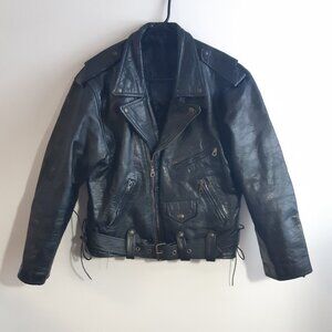 Rare Vintage Black Leather Bicker Jacket Great Seal of Oklahoma 1907 Snaps Large